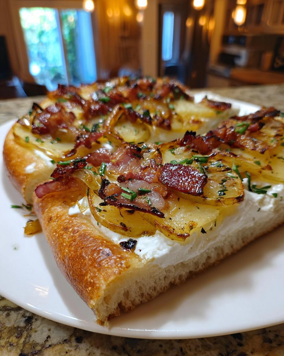 Nahaufnahme eines dicken Stücks Kartoffelpizza mit cremiger Basis, dünnen Kartoffelscheiben, knusprigem Speck und Schnittlauch.