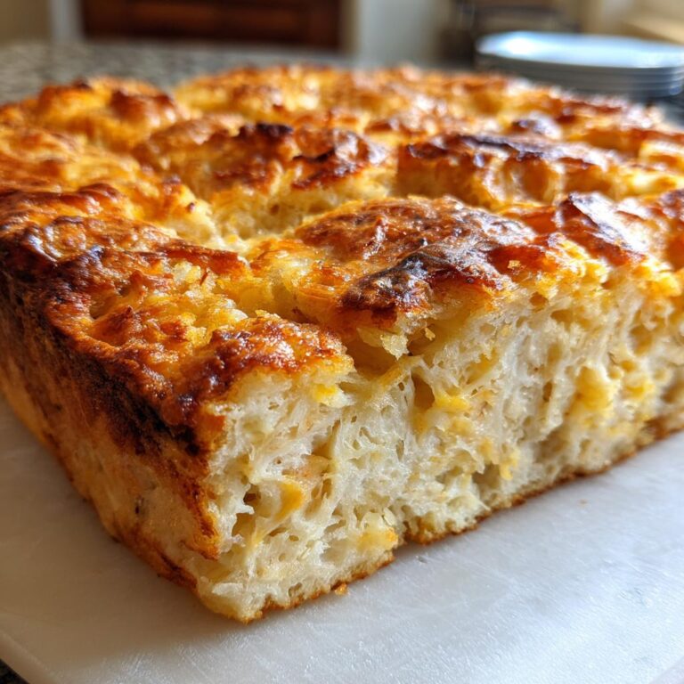 Nahaufnahme eines goldbraun gebackenen Klassischer Brotauflauf mit knuspriger Käsekruste und fluffiger Textur.