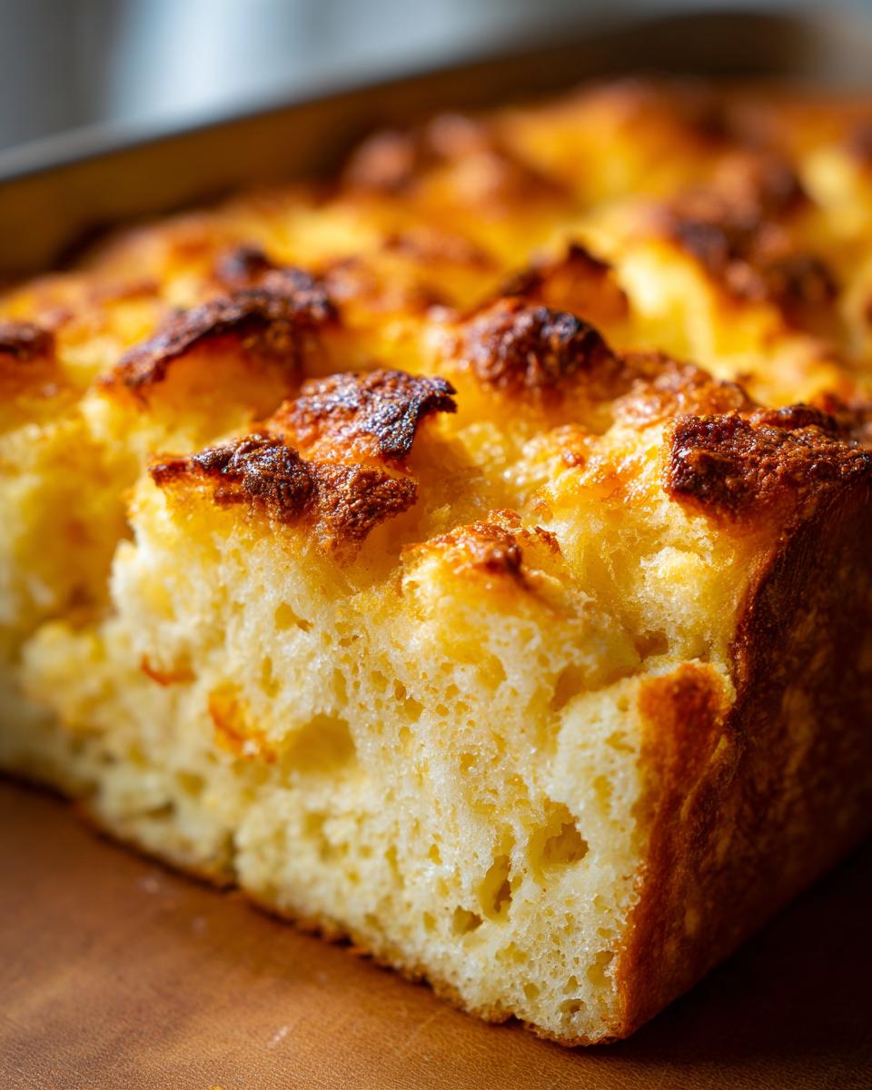 Nahaufnahme eines goldbraun gebackenen Stücks Klassischer Brotauflauf mit knuspriger Oberfläche.