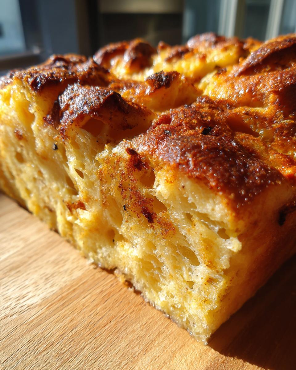 Nahaufnahme eines goldbraun gebackenen Stücks Klassischer Brotauflauf auf einem Holzbrett.