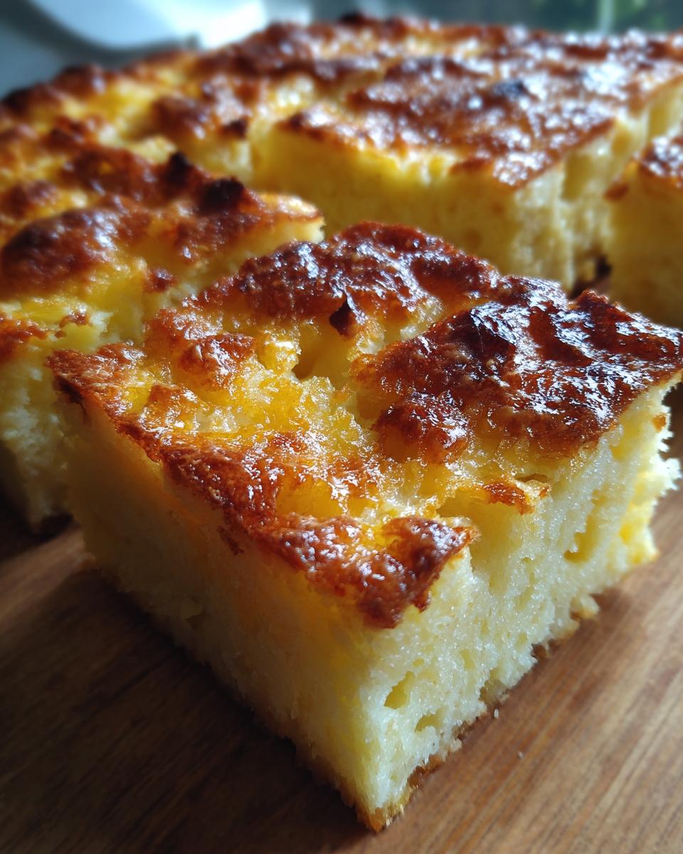 Nahaufnahme eines Stücks Klassischer Brotauflauf mit goldbraun gebackener, leicht karamellisierter Oberfläche.