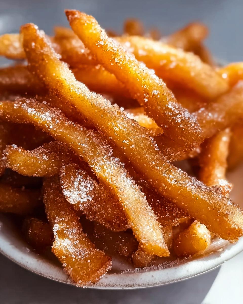 Nahaufnahme von knusprigen Apfel-Pommes Heißluftfritteuse einfach zubereiten, bestreut mit Zimtzucker.