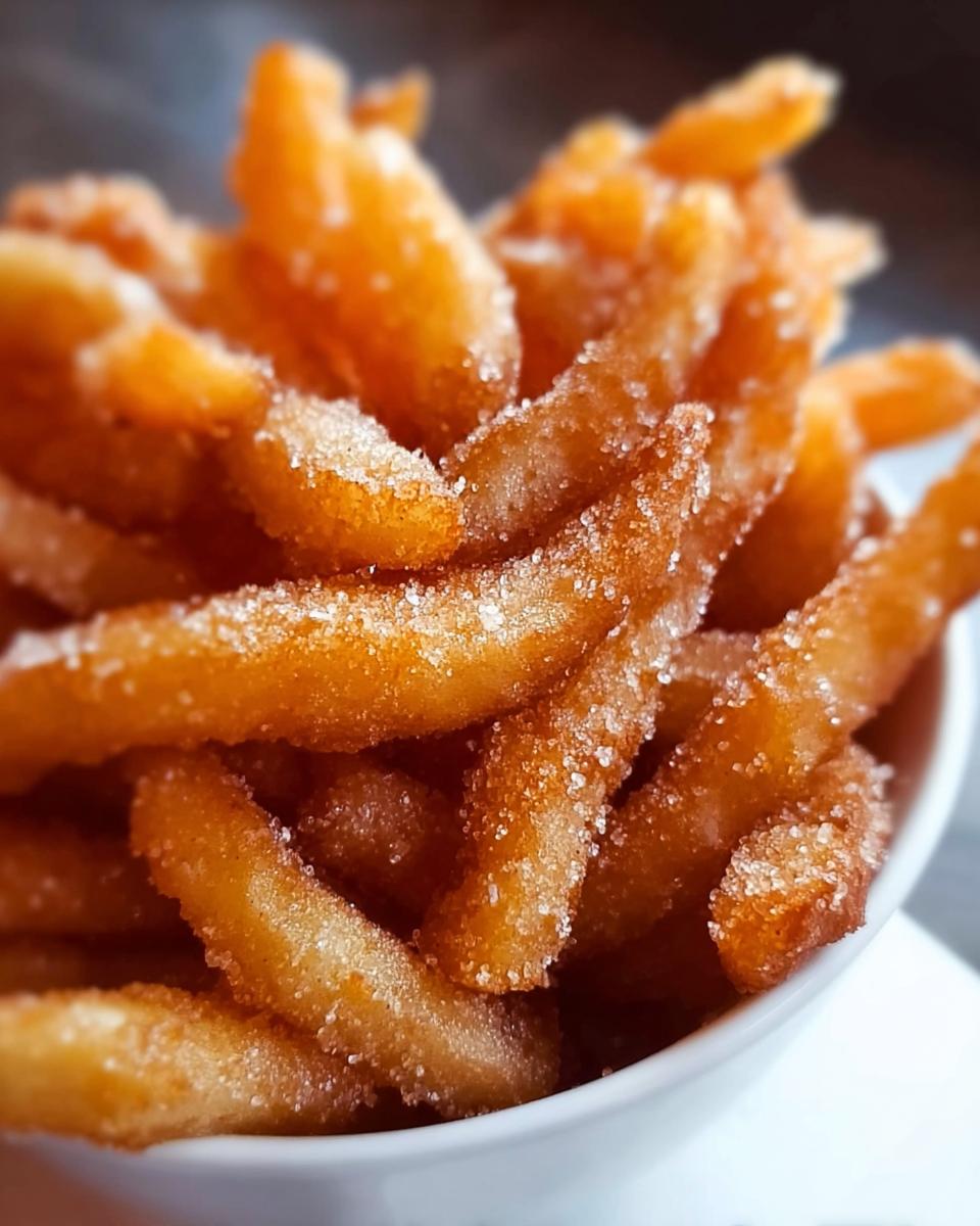 Nahaufnahme von knusprigen Apfel-Pommes Heißluftfritteuse einfach zubereiten, bestreut mit Zimt und Zucker.