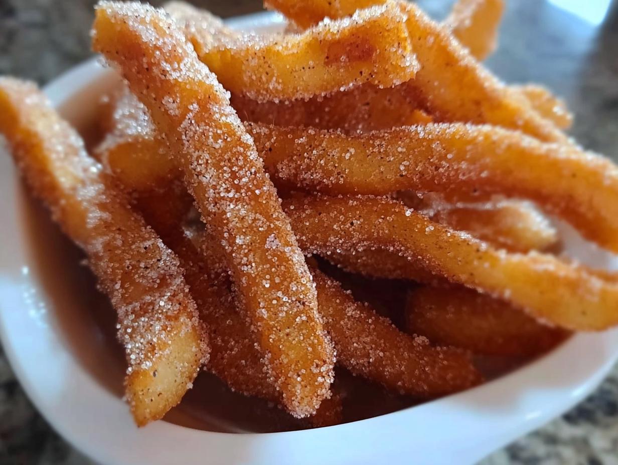 Nahaufnahme von knusprigen Apfel-Pommes, bestreut mit Zimt und Zucker, in einer weißen Schale.