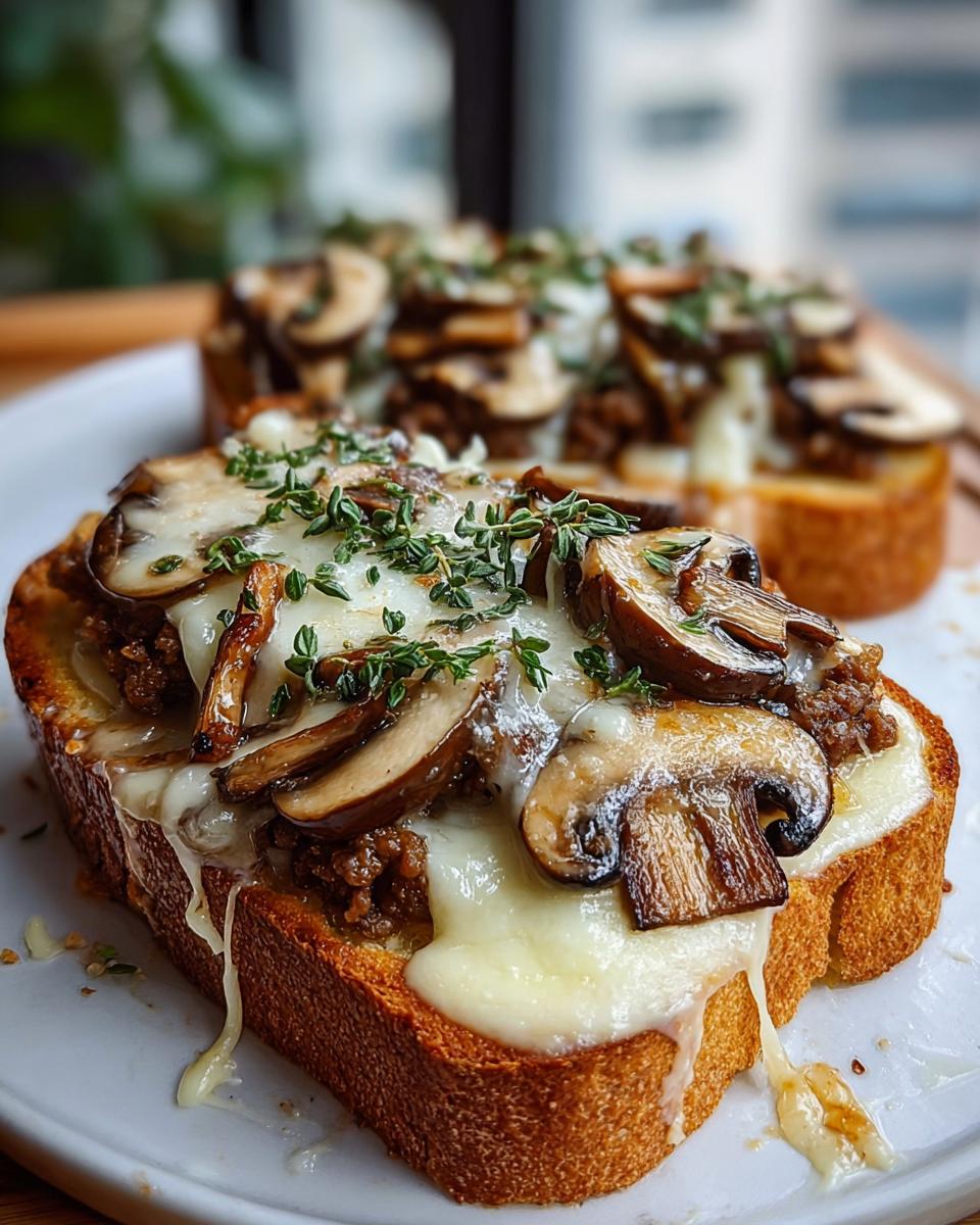 Nahaufnahme eines der Knusprige Käse-Champignon-Knoblauch-Toasts mit geschmolzenem Käse und Pilzen.