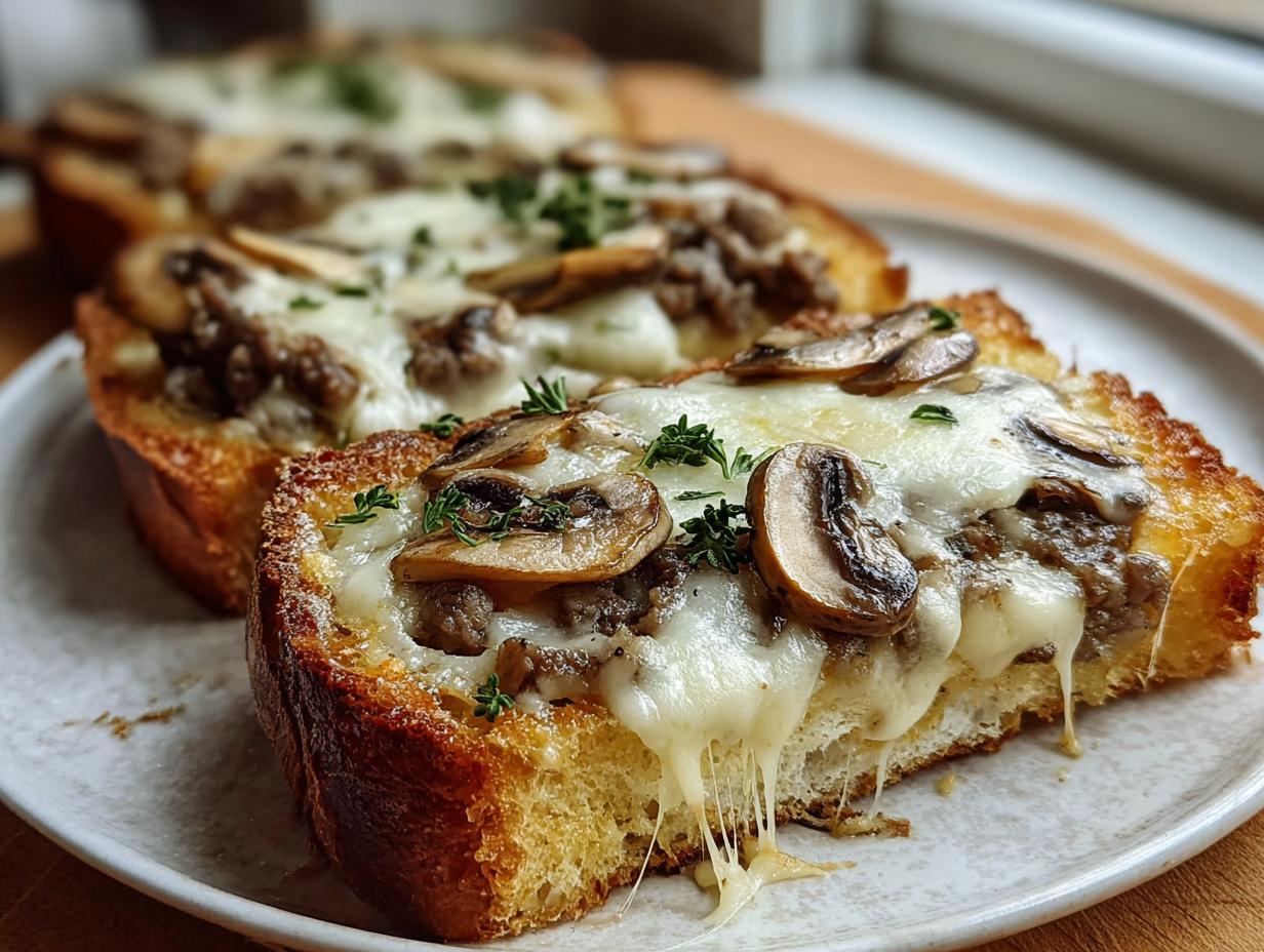 Nahaufnahme von Knusprige Käse-Champignon-Knoblauch-Toasts mit geschmolzenem Käse und Pilzen.