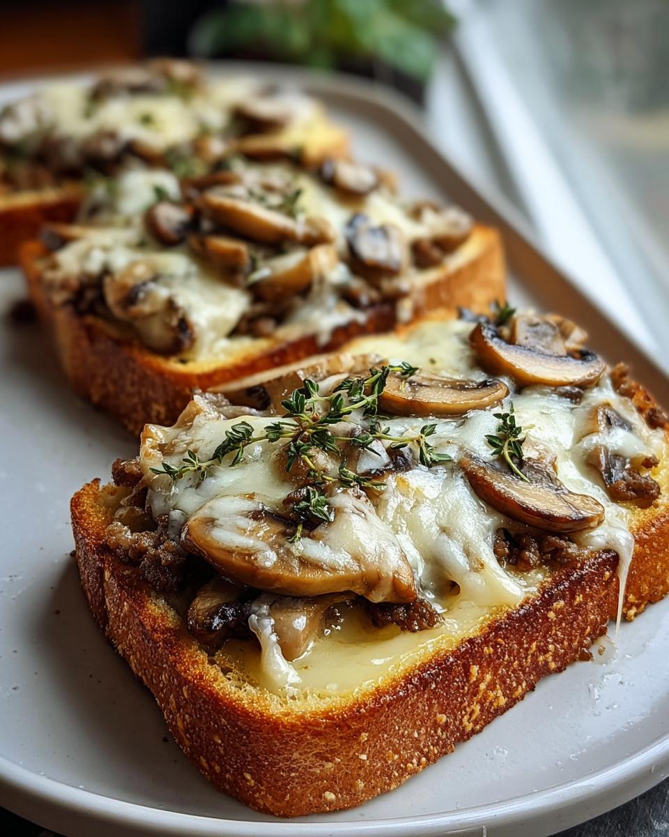 Nahaufnahme von Knusprige Käse-Champignon-Knoblauch-Toasts mit geschmolzenem Käse und frischem Thymian.