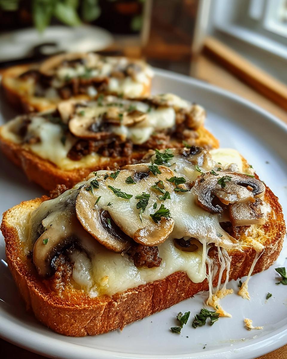 Nahaufnahme von drei Knusprige Käse-Champignon-Knoblauch-Toasts mit geschmolzenem Käse und Pilzen.