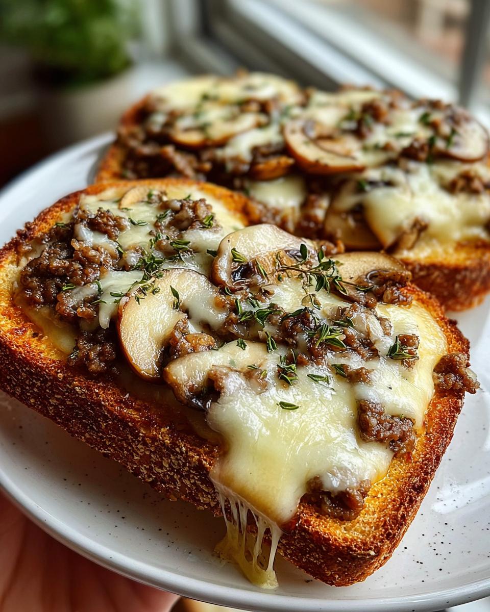 Nahaufnahme von Knusprige Käse-Champignon-Knoblauch-Toasts mit geschmolzenem Käse und Pilzen.