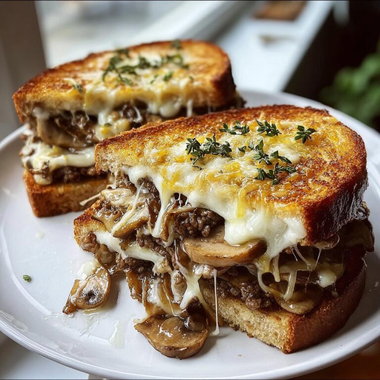 Zwei Hälften von Knusprige Käse-Champignon-Knoblauch-Toasts mit geschmolzenem Käse und Kräutern.
