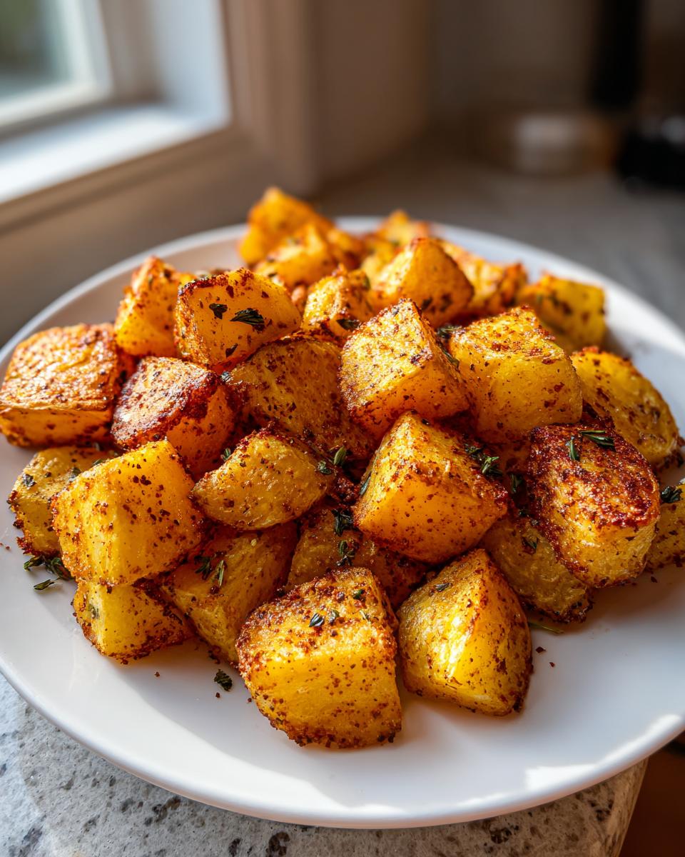 Teller mit knusprig gebratenen Kartoffelwürfeln, ideal für ein Weihnachtliche Airfryer-Rezept.