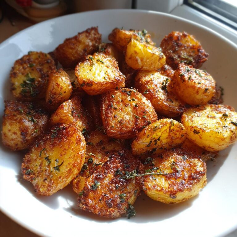 Nahaufnahme von knusprigen, goldbraunen Kartoffelstücken, gewürzt mit Kräutern, perfekt für ein Weihnachtliche Airfryer-Rezept.