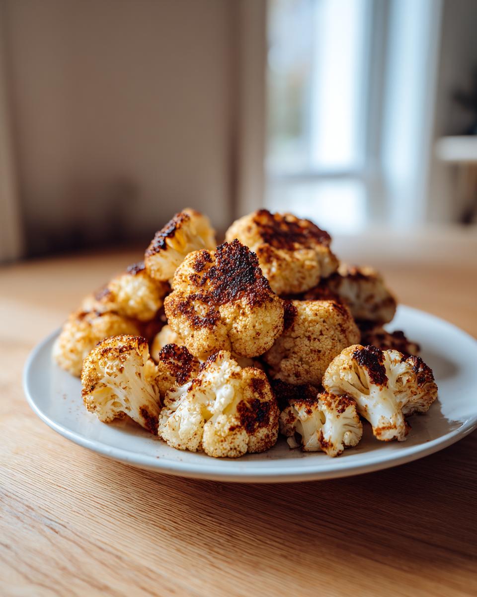 Ein Teller voller knuspriger Blumenkohl aus dem Ofen mit schön gebräunten Röschen.