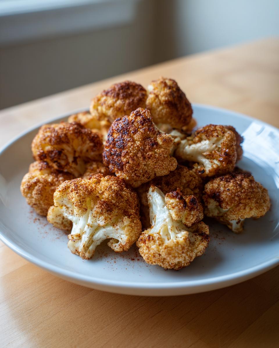 Ein Teller mit goldbraun gebackenem, Knuspriger Blumenkohl aus dem Ofen, bestreut mit Gewürzen.