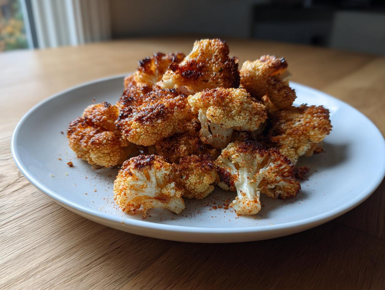 Eine Portion Knuspriger Blumenkohl aus dem Ofen, goldbraun und gewürzt, auf einem weißen Teller.