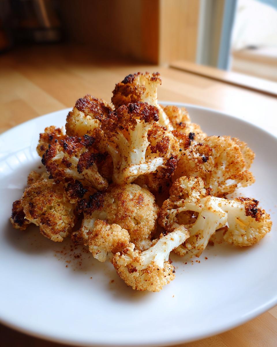 Ein Haufen perfekt gerösteter, knuspriger Blumenkohl aus dem Ofen auf einem weißen Teller.