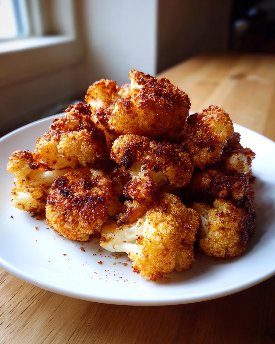 Ein Haufen goldbraun gebackener Röschen, Knuspriger Blumenkohl aus dem Ofen, auf einem weißen Teller.