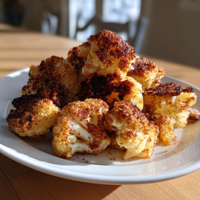 Ein Teller mit goldbraun und knusprig gebackenen Röschen von Knuspriger Blumenkohl aus dem Ofen.