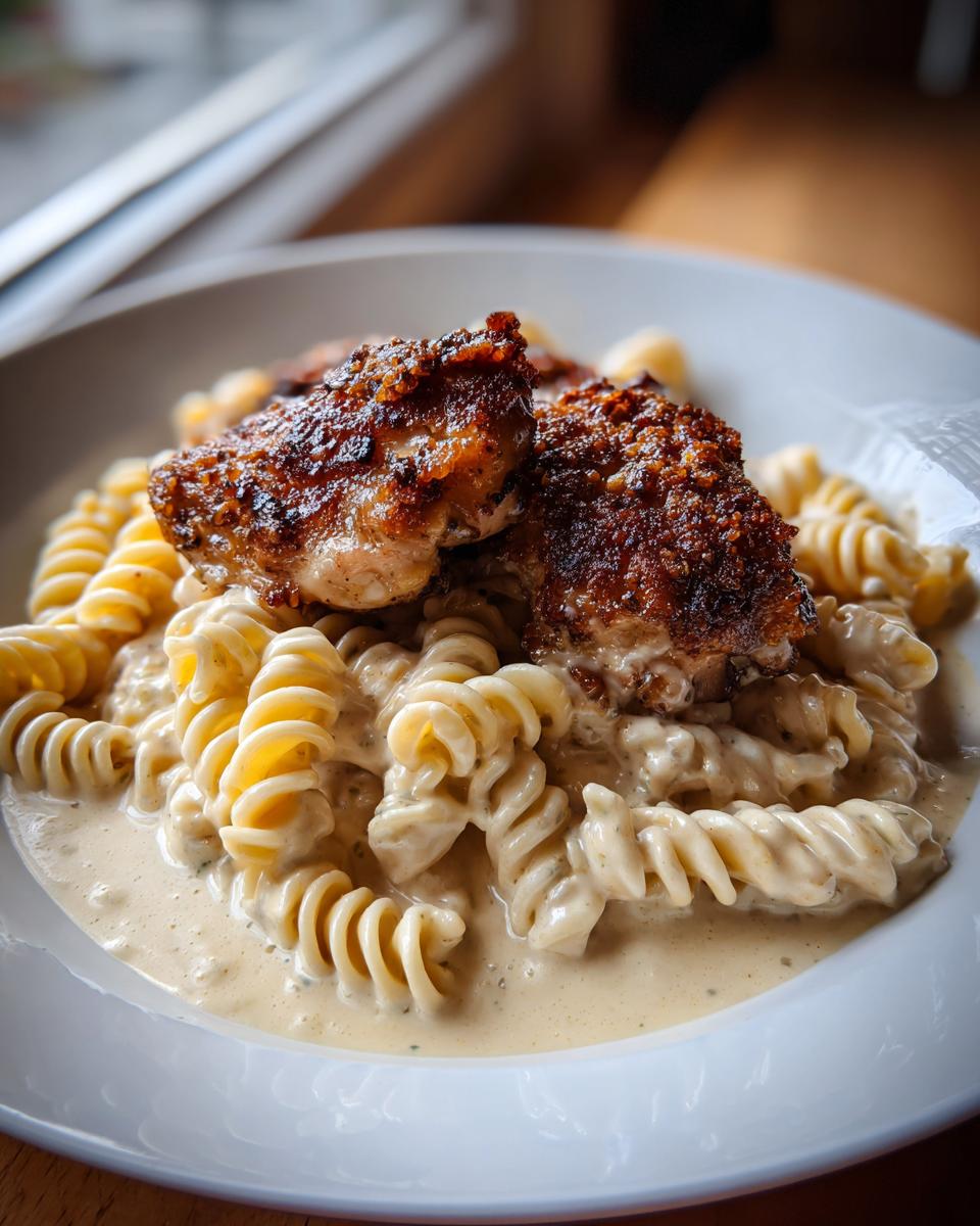 Nahaufnahme von Knuspriges Hähnchen mit cremiger Pasta, serviert mit Fusilli-Nudeln auf einem weißen Teller.
