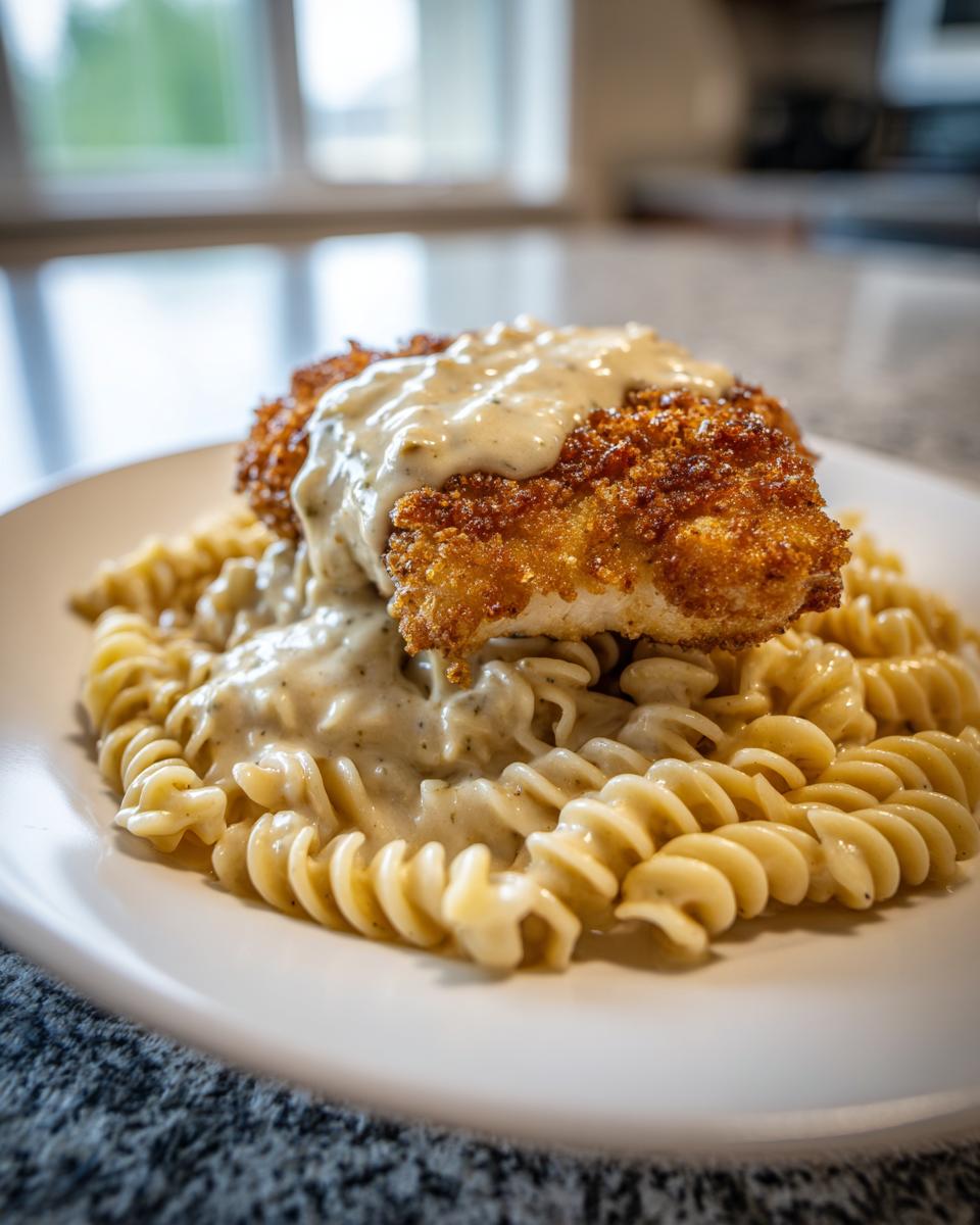 Knuspriges Hähnchen mit cremiger Pasta (Fusilli) bedeckt mit einer hellen Soße auf einem weißen Teller.