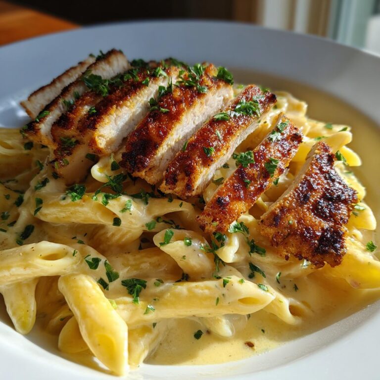 Knuspriges Hähnchen mit cremiger Pasta, garniert mit Petersilie auf einem weißen Teller.