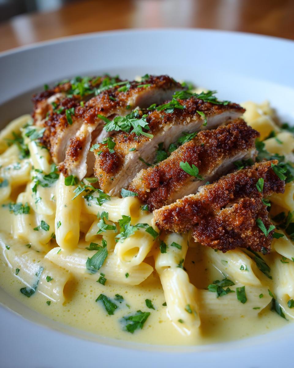 Geschnittenes Knuspriges Hähnchen mit cremiger Pasta und Petersilie in einer weißen Schüssel.