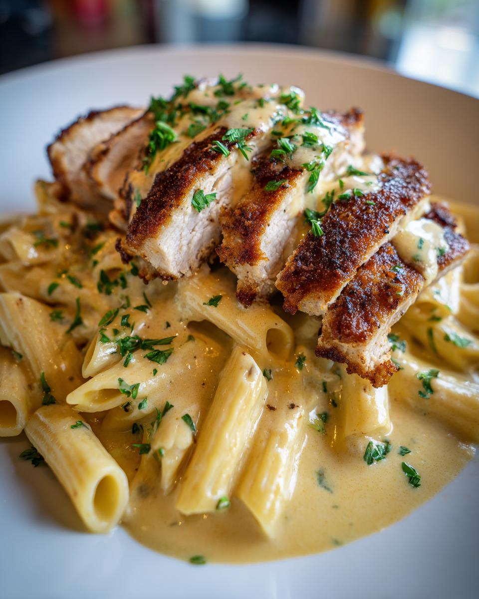 Geschnittenes Knuspriges Hähnchen mit cremiger Pasta, garniert mit Petersilie.