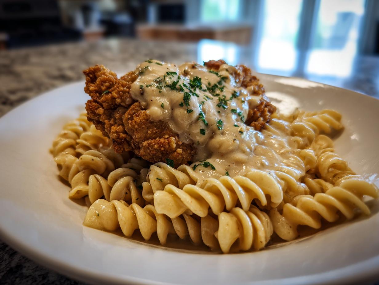 Knuspriges Hähnchen mit cremiger Pasta, bedeckt mit heller Soße und Petersilie.