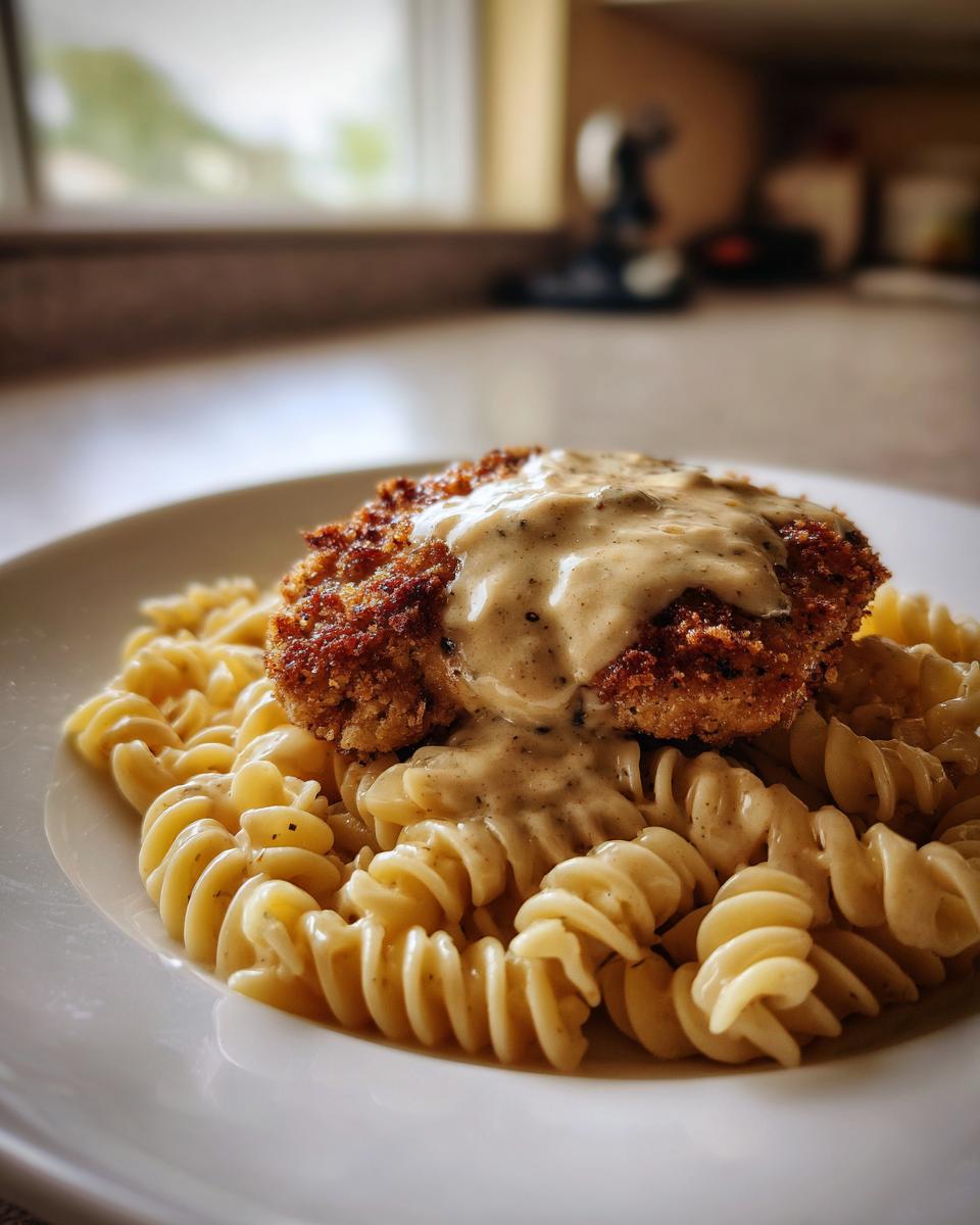 Knuspriges Hähnchen mit cremiger Pasta (Fusilli) und einer hellen Soße auf einem weißen Teller.