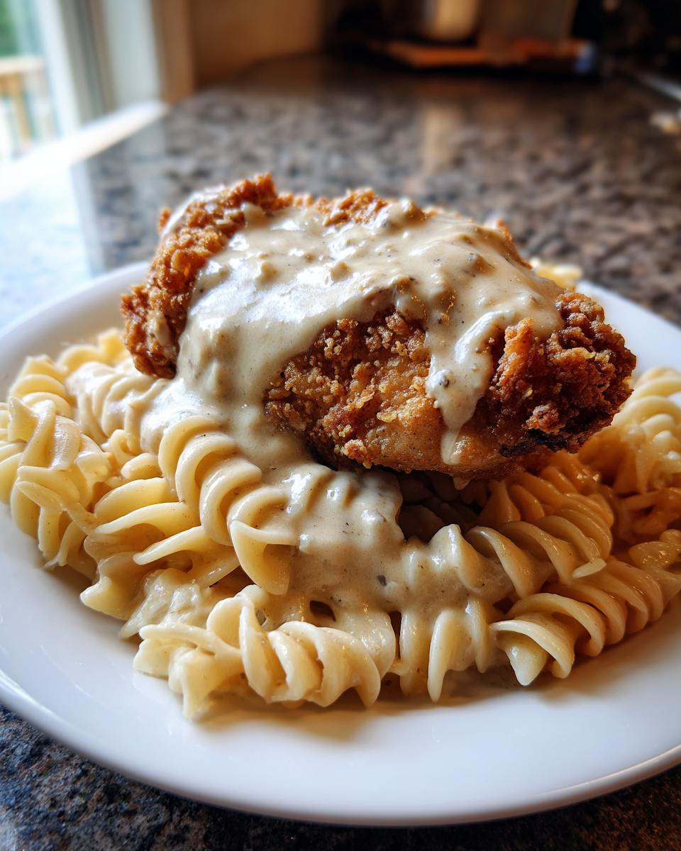 Knuspriges Hähnchen mit cremiger Pasta, übergossen mit heller Soße auf einem weißen Teller.
