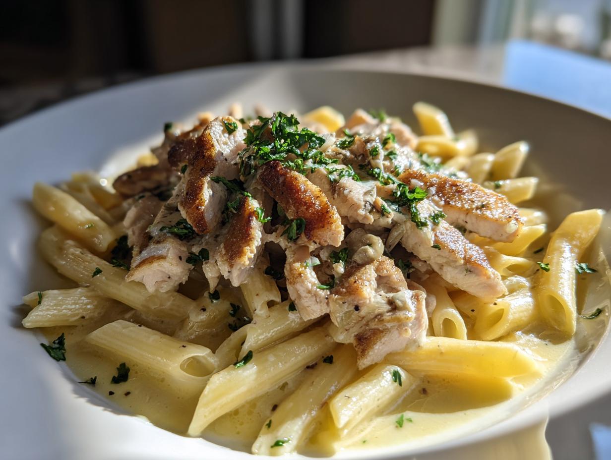 Teller mit Knuspriges Hähnchen mit cremiger Pasta, Penne in heller Soße, garniert mit Petersilie.