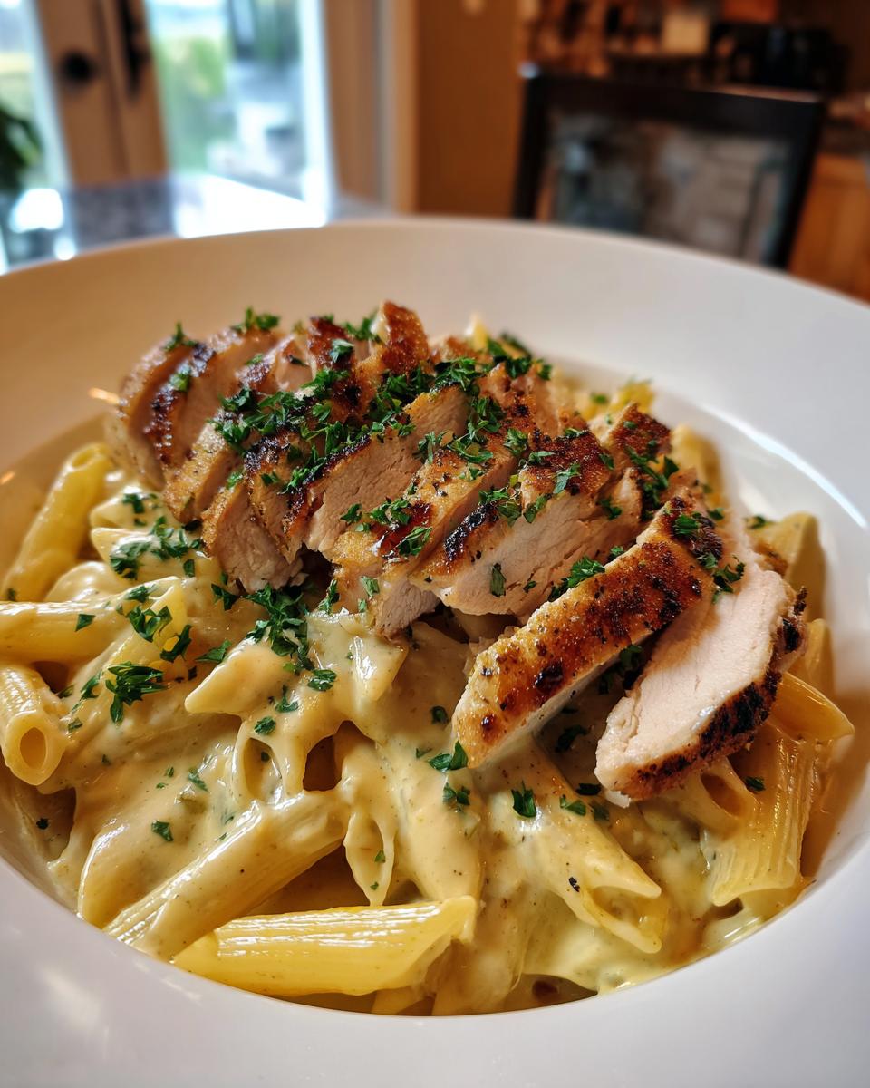 Geschnittenes Knuspriges Hähnchen mit cremiger Pasta und Petersilie in einer weißen Schüssel.