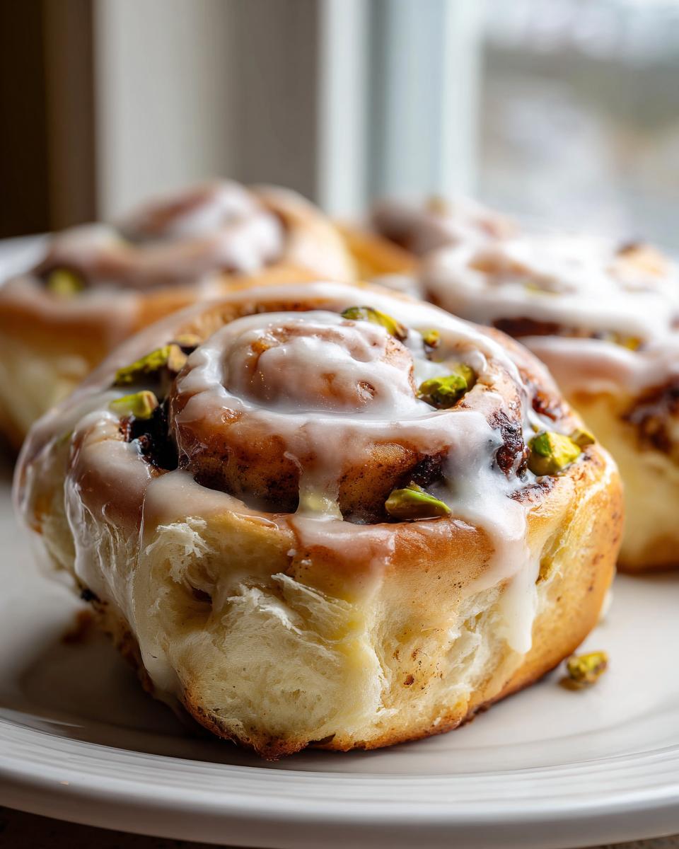 Nahaufnahme von Köstliche Pistazien-Zimtschnecken, bedeckt mit weißem Zuckerguss und gehackten Pistazien.