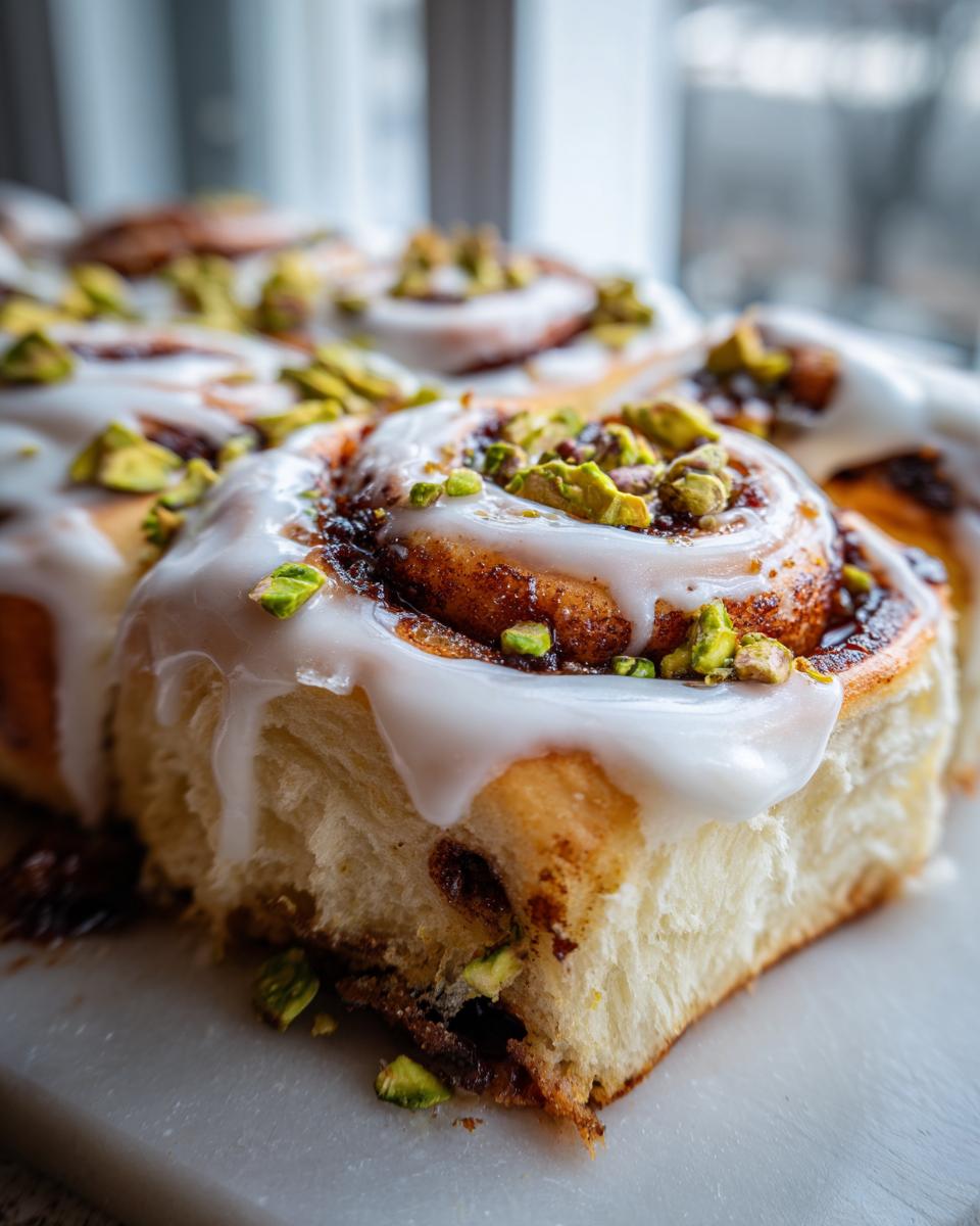 Nahaufnahme einer saftigen Pistazien-Zimtschnecke mit dickem weißen Zuckerguss und gehackten Pistazien.