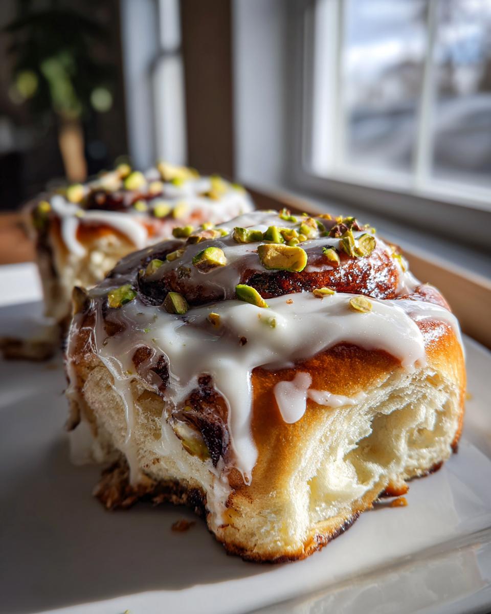 Nahaufnahme einer glasierten Zimtschnecke, garniert mit Pistazien, die zu den Köstliche Pistazien-Zimtschnecken gehört.