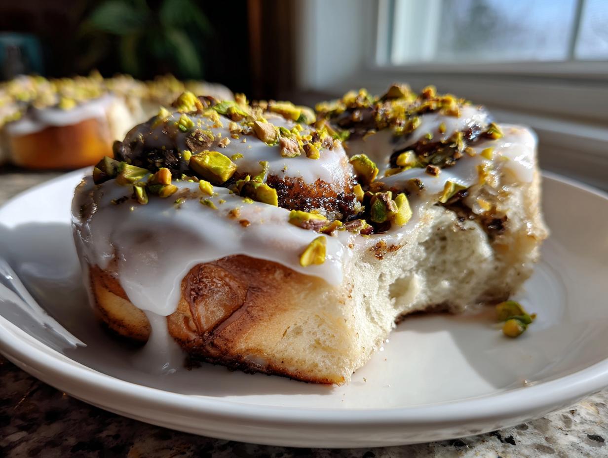 Nahaufnahme von Köstliche Pistazien-Zimtschnecken, bedeckt mit weißem Zuckerguss und gehackten Pistazien.