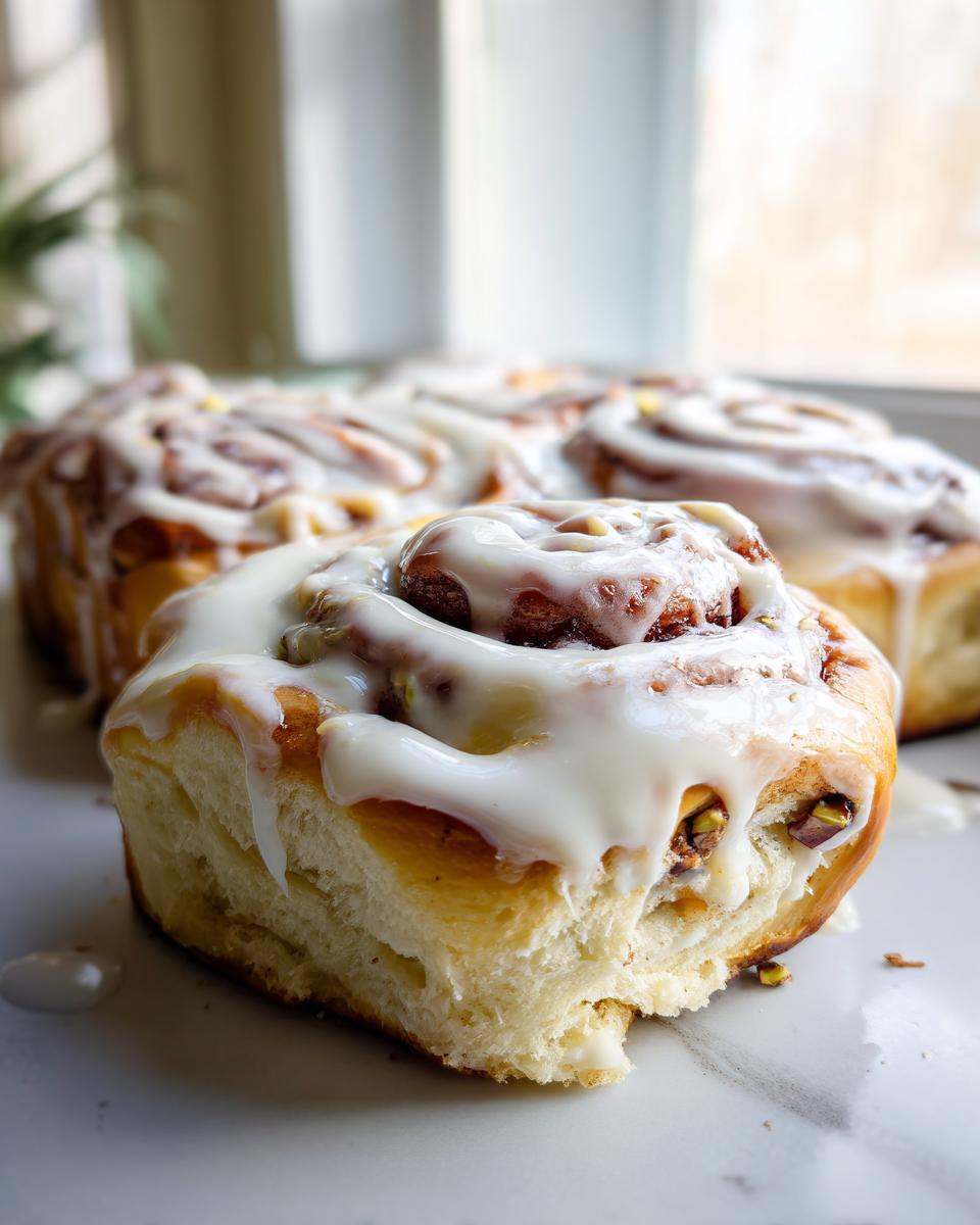 Nahaufnahme einer weichen Zimtschnecke mit Pistazien und dickem, weißem Zuckerguss: Köstliche Pistazien-Zimtschnecken.