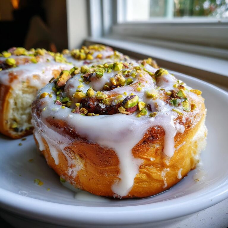 Nahaufnahme von Köstliche Pistazien-Zimtschnecken mit weißem Zuckerguss und gehackten Pistazien.