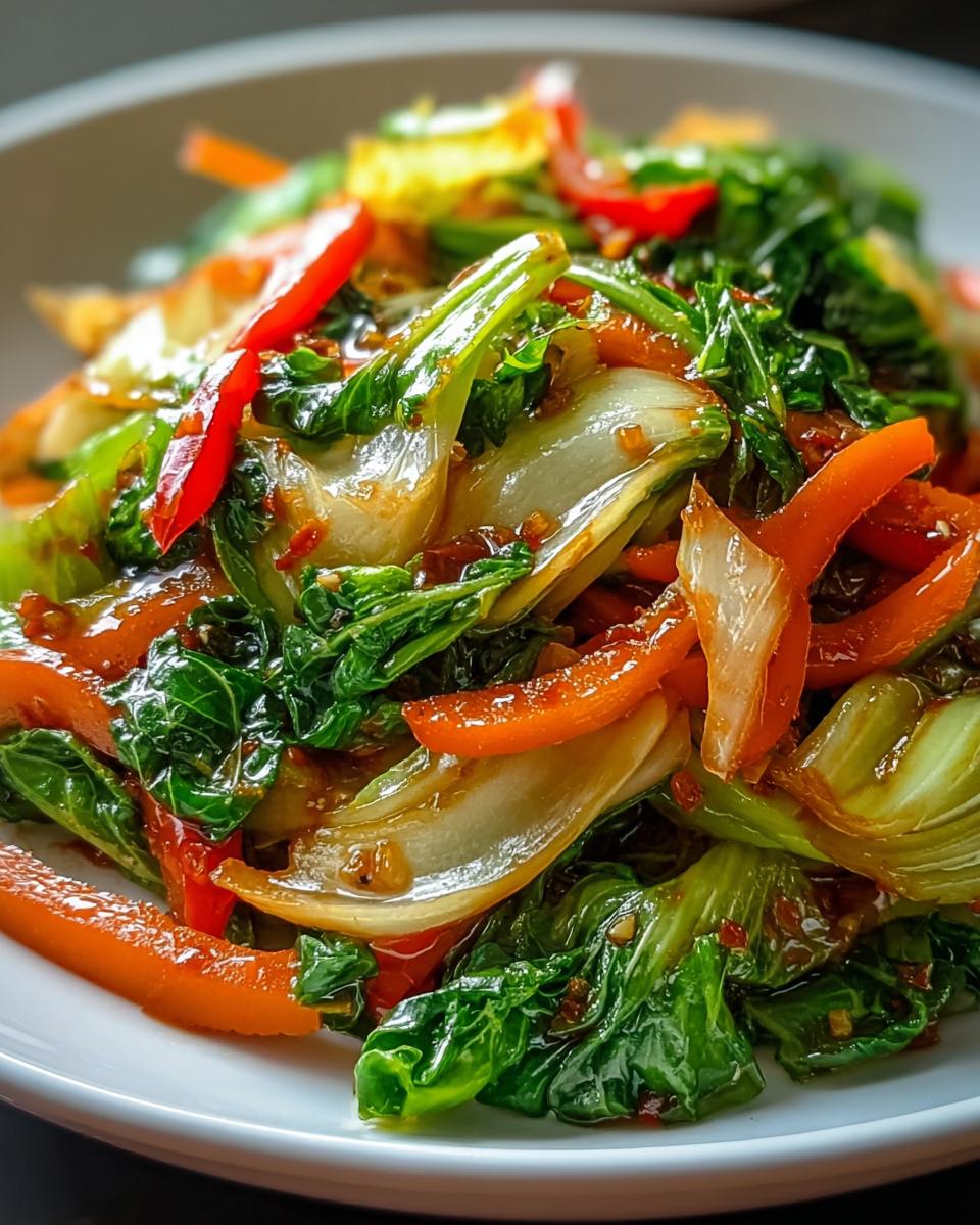 Nahaufnahme eines Teller mit Köstliches Chinakohl-Pfannengericht, glasiert und mit roten Paprikastreifen.
