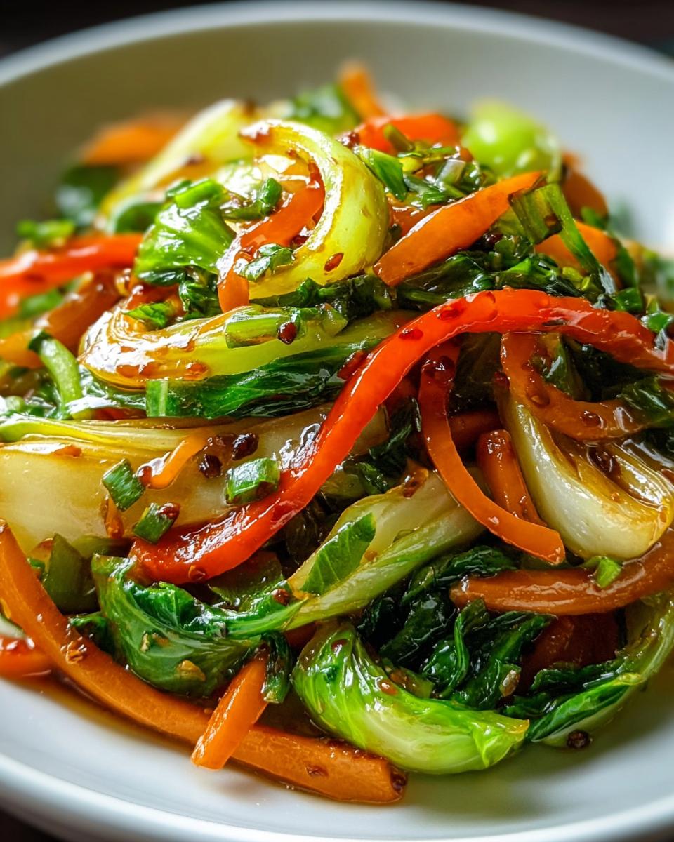Nahaufnahme eines glasierten Köstliches Chinakohl-Pfannengericht mit Karottenstreifen und Paprika.