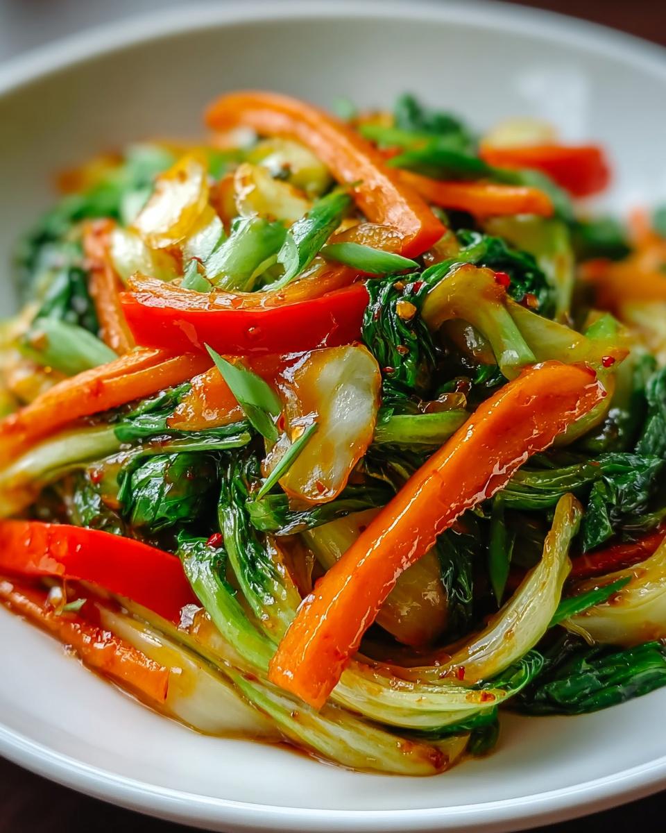 Nahaufnahme eines Köstliches Chinakohl-Pfannengericht mit leuchtend orangefarbenen Karottenstreifen und roter Paprika in einer glänzenden Soße.