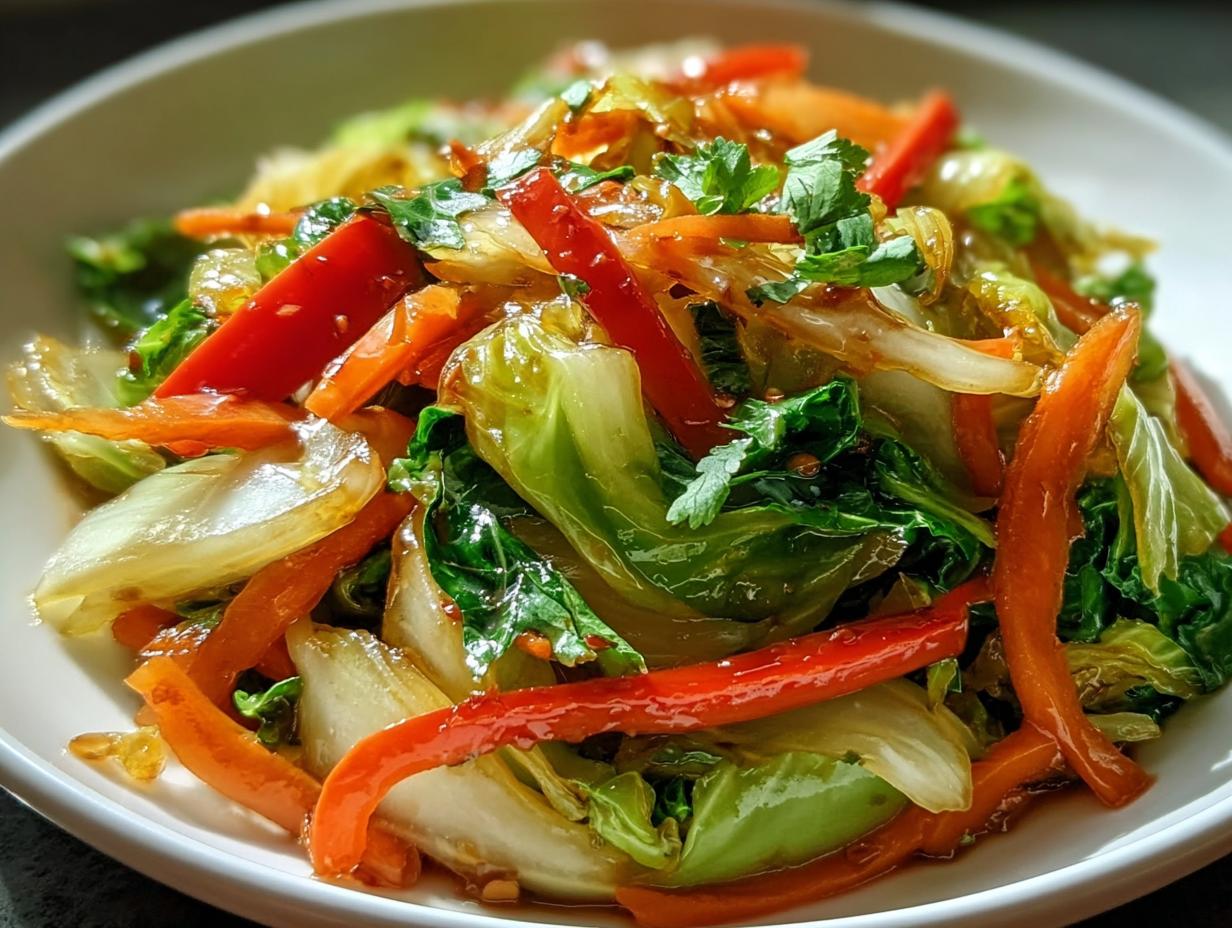 Nahaufnahme eines Köstliches Chinakohl-Pfannengericht mit leuchtend grünen Chinakohlstücken, roten Paprikastreifen und Karotten.