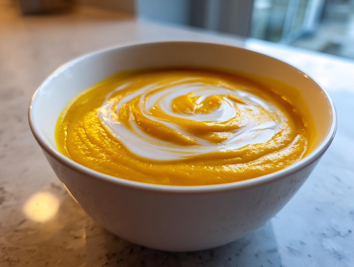 Nahaufnahme einer leuchtend orangefarbenen Kürbissuppe mit einem dekorativen Wirbel aus weißer Sahne in einer weißen Schüssel.