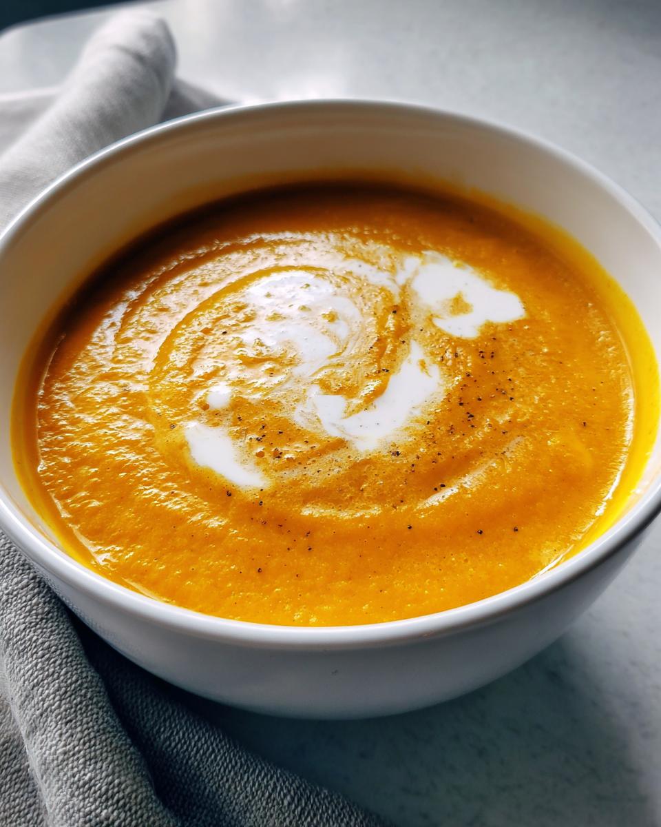 Nahaufnahme einer leuchtend orangefarbenen Kürbissuppe in einer weißen Schüssel, garniert mit einem Sahnewirbel und Pfeffer.