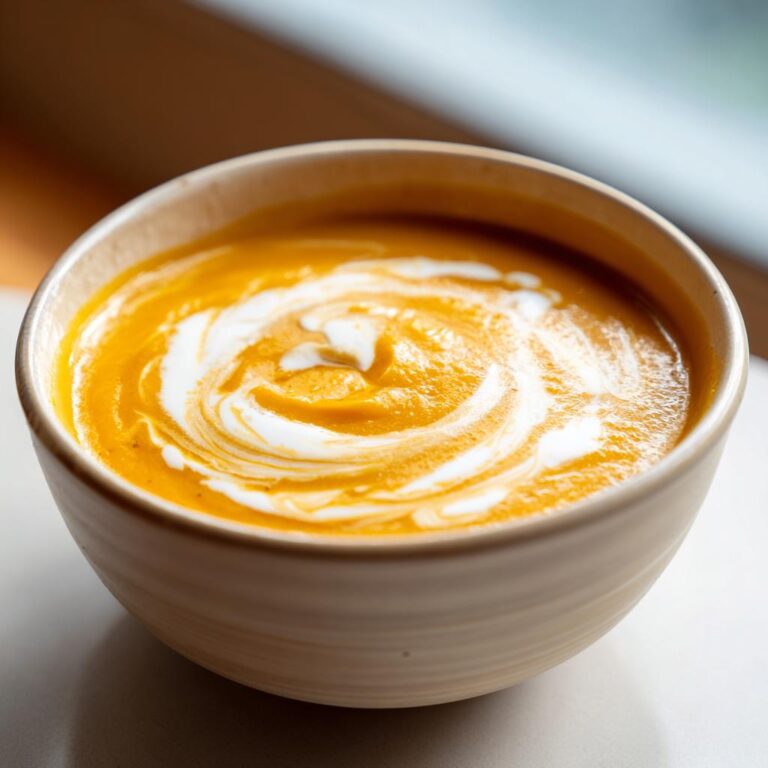 Nahaufnahme einer leuchtend orangefarbenen Kürbissuppe, verziert mit einem weißen Sahnewirbel in einer beigen Schale.