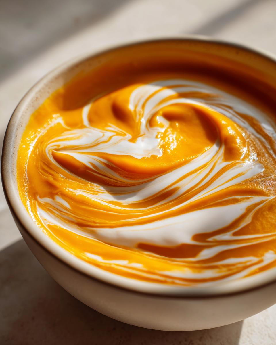 Nahaufnahme einer leuchtend orangen Kürbissuppe, verziert mit einem dekorativen Wirbel aus weißer Sahne.