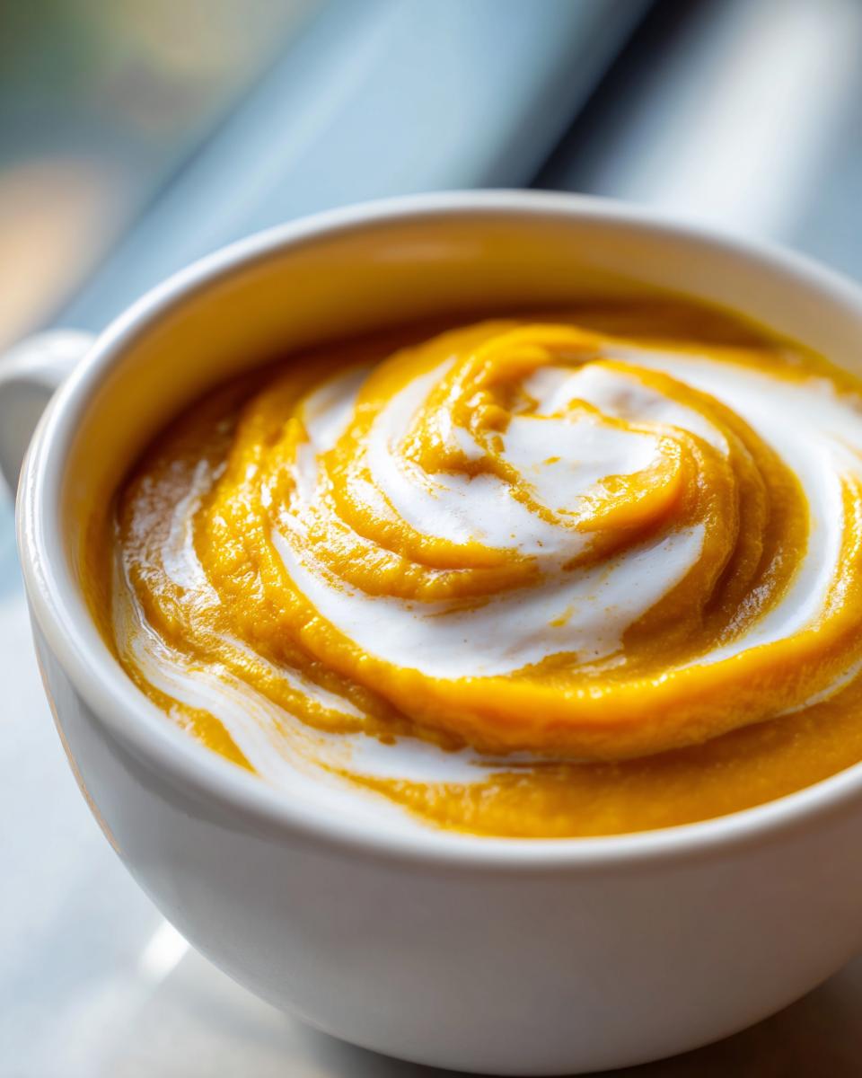 Nahaufnahme einer cremigen, leuchtend orangefarbenen Kürbissuppe, verziert mit einem weißen Sahnewirbel in einer weißen Tasse.