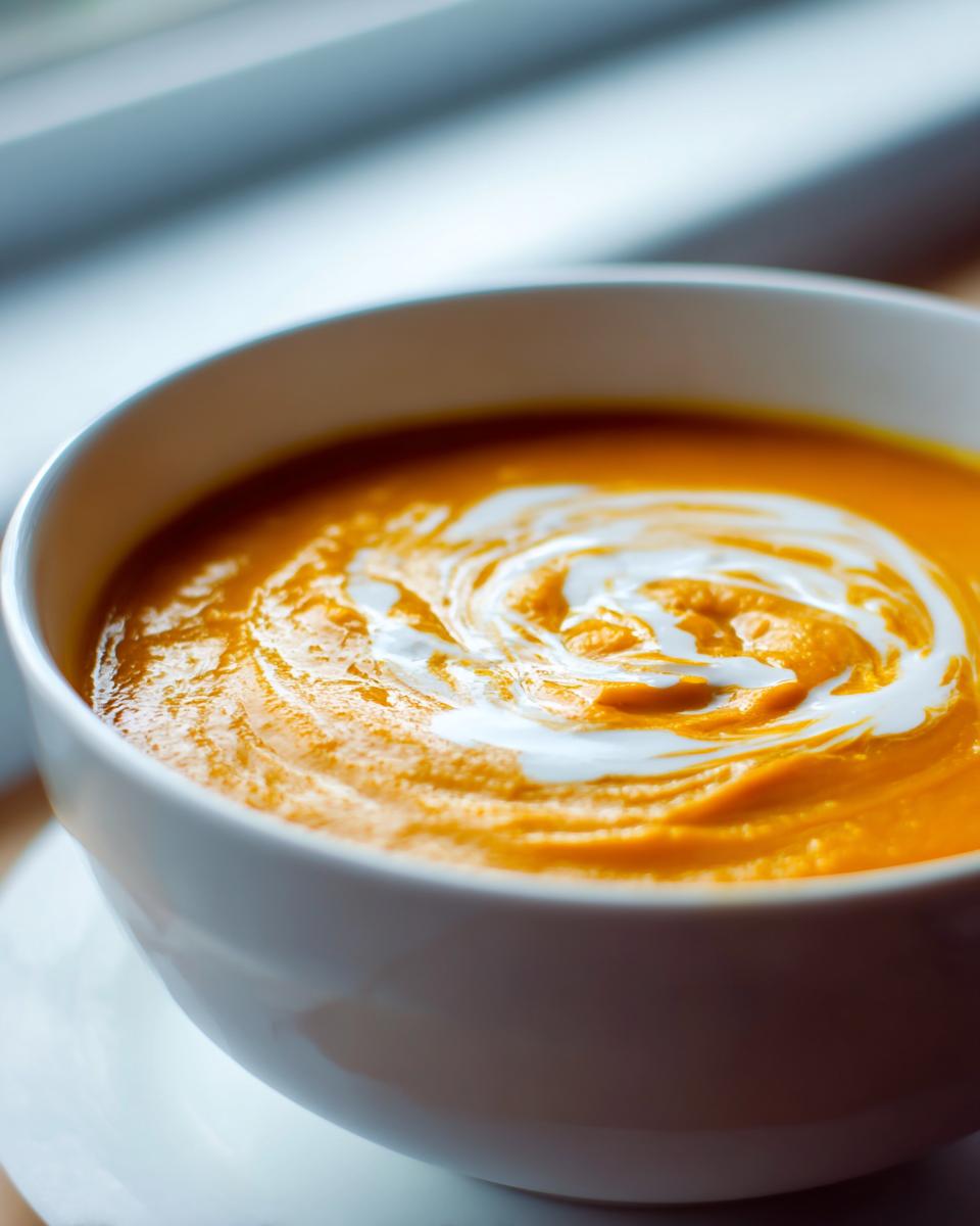 Nahaufnahme einer leuchtend orangen Kürbissuppe, verziert mit einem weißen Sahnewirbel.