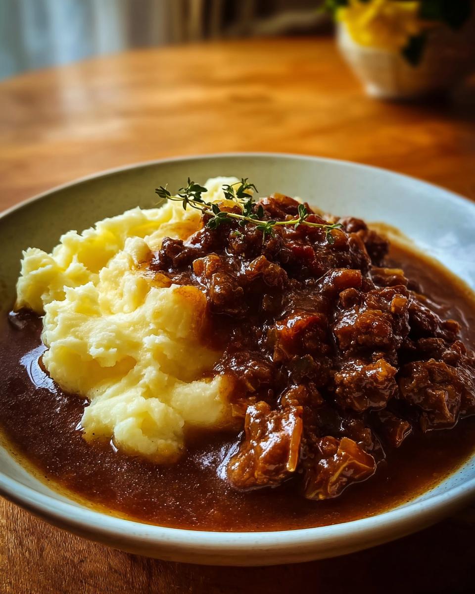 Teller mit Leckeres Hackfleisch in Bratensoße und cremigem Kartoffoffelpüree, garniert mit Thymian.