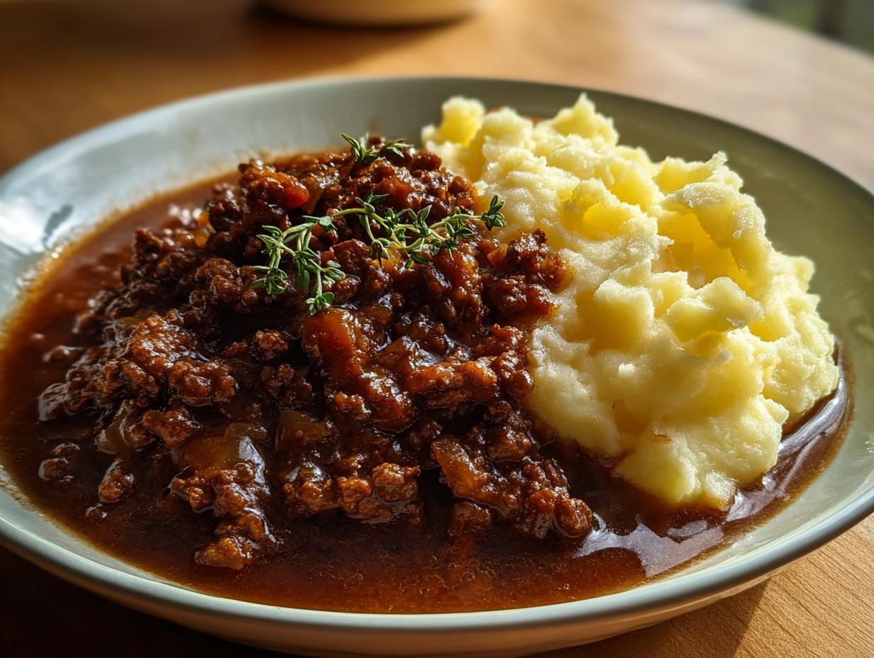 Teller mit Leckeres Hackfleisch in Bratensoße und cremigem Kartoffelpüree, garniert mit Thymian.